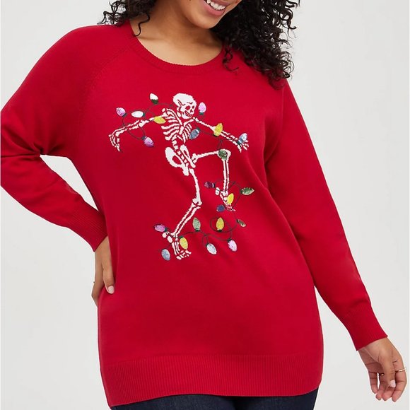 ❤️NWT VINTAGE TORRID SWEATER - DANCING SKELETON HOLIDAY CHRISTMAS LIGHTS TREE - Picture 1 of 14